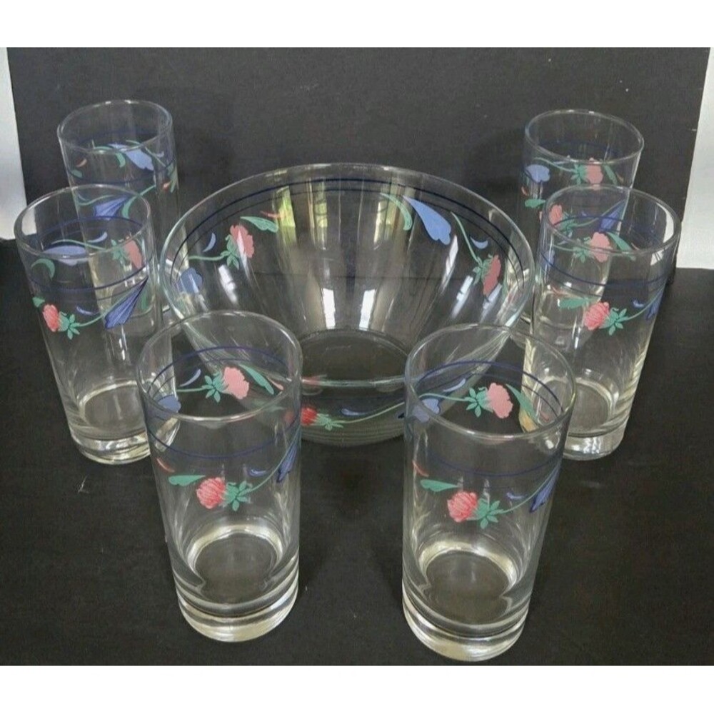 Lenox Poppies on Blue 9" All Purpose Glass bowl & 6 Highball Glasses Vintage